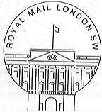 permanent Royal Mail London SW postmark showing the Buckingham Palace.