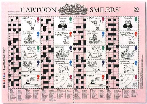 sheet of 20 stamps with attached labels and decorative borders - 2 sets of 10 stamps and crossword puzzles on the labels with the clues in the lower sheet margin.