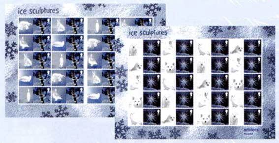 1st & 2nd class 'Smilers' sheets of 1st & 2nd class stamps by Andy Goldsworthy, with labels showing photographic images of a polar bear, harp seal, snowshoe hare, polar fox and snowy owl on the 1st class and animal ice sculptures - penguin, polar bear, arctic hare, seal and ptarmigan on the 2nd class