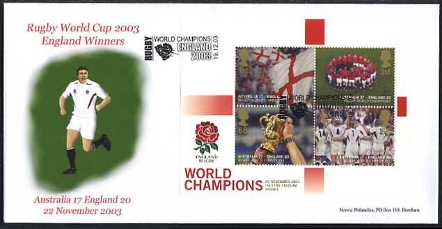 Norvic Philatelics exclusive England Winners Rugby World Cup FDC featuring Johnny Wilkinson cancelled with the Rugby, World Champions, England 2003 postmark