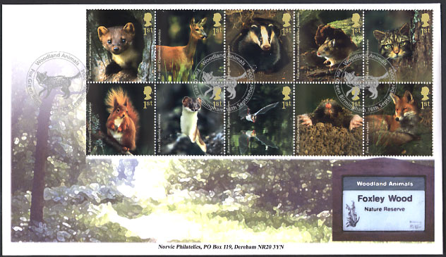 Norvic Philatelics Foxley Wood first day cover for Woodland Animals Royal Mail stamps