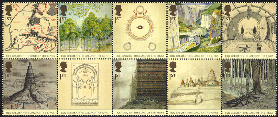 block of 10 stamps featuring illustrations from The Lord of the Rings' by J R R Tolkien 