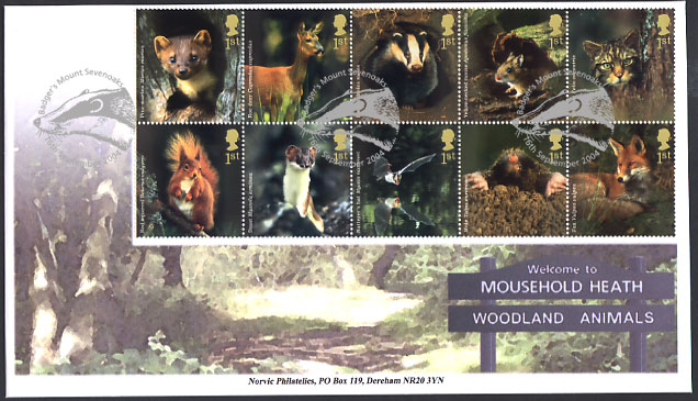 Norvic Philatelics Mousehold Heath first day cover for Woodland Animals Royal Mail stamps