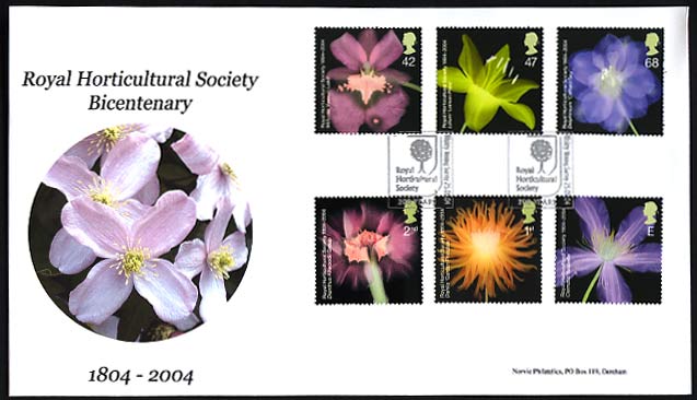 set of 6 RHS Bicentenary stamps on Norvic FDC with clematis design