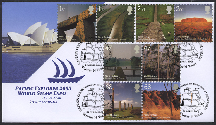Pacific Explorer 2005 cover with GB set of World Heritage Site stamps
