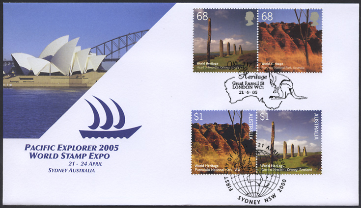 Pacific Explorer 2005 cover with GB & Australia sets of World Heritage Site stamps
