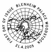 Blenheim Palace postmark applied to World Heritage sites stamps issued by Royal Mail 21 April 2005