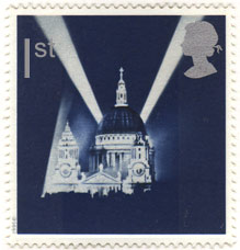 Searchlights over St Paul's Cathedral - 1995 'peace' stamp changed to 1st class from 25p