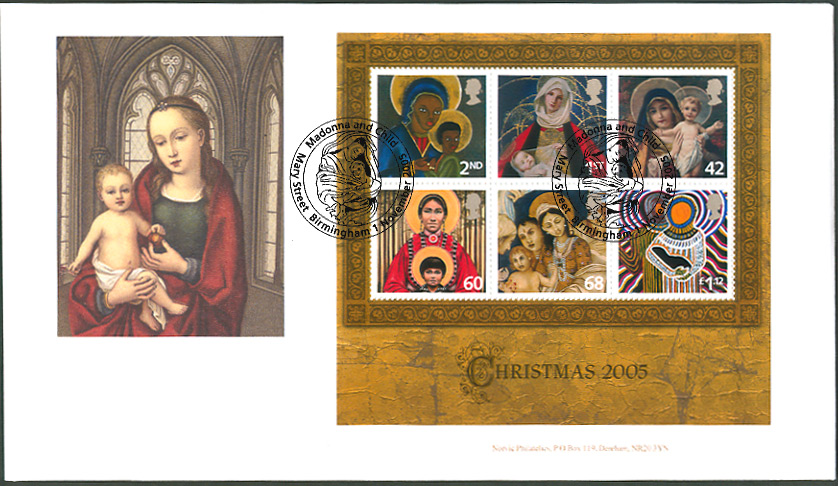 Norvic Philatelics 2005 Christmas First Day Cover 2005 - Madonna and Child miniature sheet of 6 stamps with Holytowen postmark