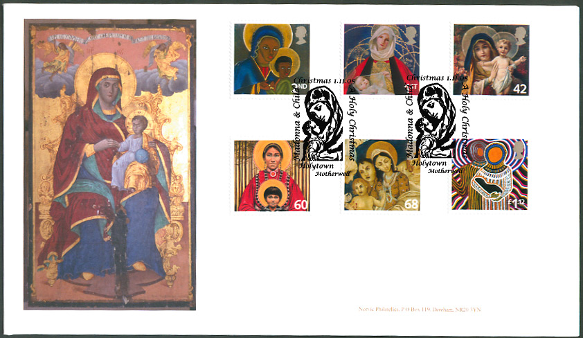 Norvic Philatelics 2005 Christmas First Day Cover 2005 - Madonna and Child set of 6 with Holytown postmark