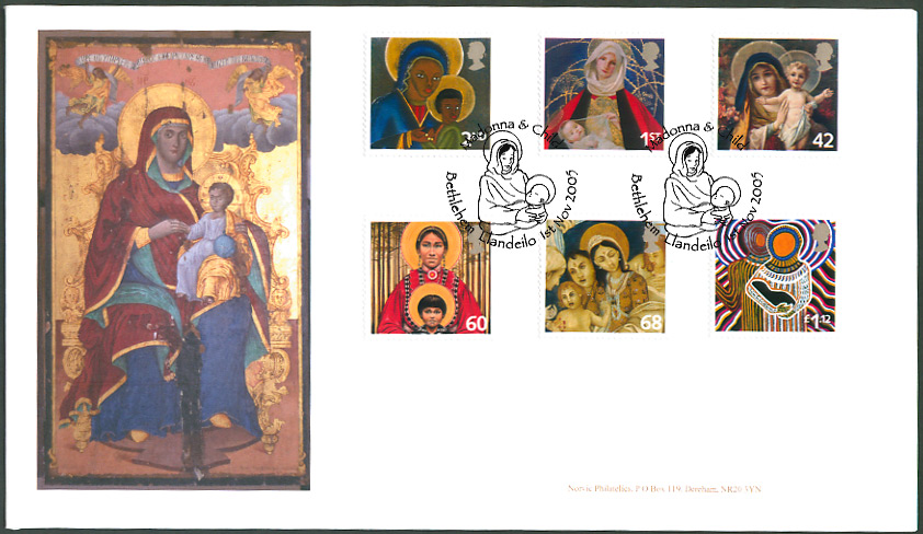 Norvic Philatelics 2005 Christmas First Day Cover 2005 - Madonna and Child set of 6 with Bethlehem postmark