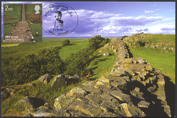 Walltown Crags, Hadrian's Wall, Northumberland World Heritage Site Maximum card with Royal Mail 2nd class stamp postmarked Wall, Hexham
