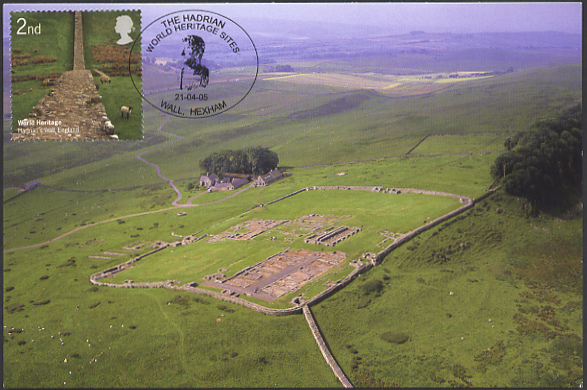 Housesteads Roman Fort, Hadrian's Wall, Northumberland World Heritage Site Maximum card with Royal Mail 2nd class stamp postmarked Wall, Hexham