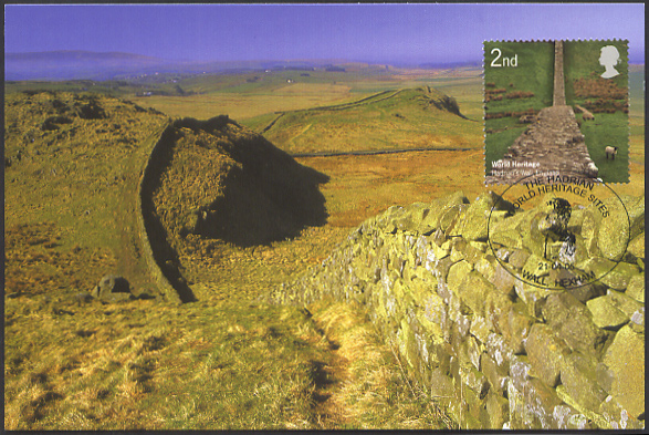 Cawfields from Thorney Doors, Hadrian's Wall, Northumberland World Heritage Site Maximum card with Royal Mail 2nd class stamp postmarked Wall, Hexham