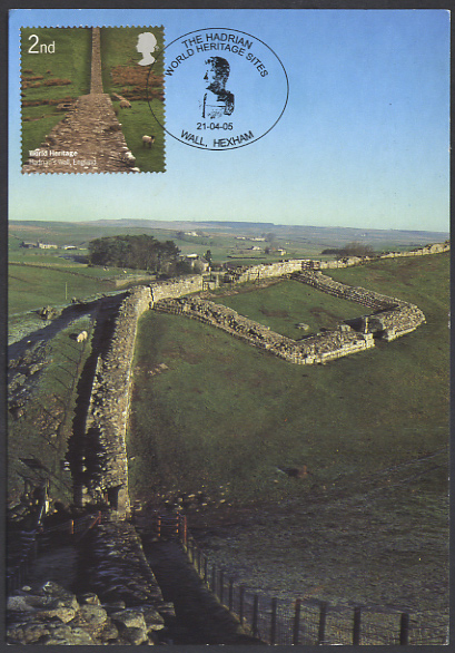 Cawfields Milecastle, Hadrian's Wall, Northumberland World Heritage Site Maximum card with Royal Mail 2nd class stamp postmarked Wall, Hexham