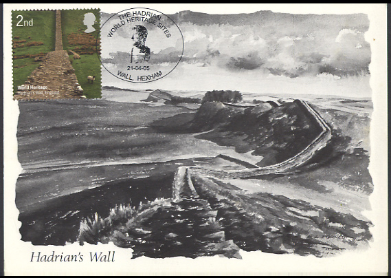 Near Housesteads Fort, Hadrian's Wall, Northumberland World Heritage Site Maximum card with Royal Mail 2nd class stamp postmarked Wall, Hexham