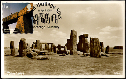 Stonehenge World Heritage Site vintage card Maximum card with Royal Mail 1st class stamp postmarked Stonehenge Salisbury 21 April 2005
