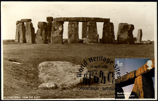 Stonehenge from the East World Heritage Site vintage card Maximum card with Royal Mail 1st class stamp postmarked Stonehenge Salisbury 21 April 2005