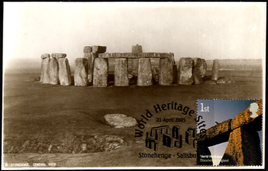 Stonehenge General View World Heritage Site vintage card Maximum card with Royal Mail 1st class stamp postmarked Stonehenge Salisbury 21 April 2005