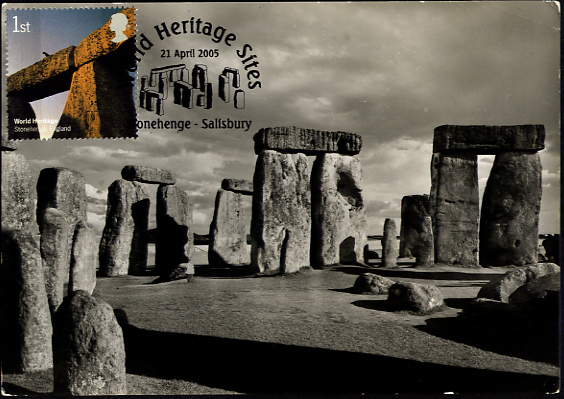 Trilithons at Stonehenge World Heritage Site vintage card Maximum card with Royal Mail 1st class stamp postmarked Stonehenge Salisbury 21 April 2005