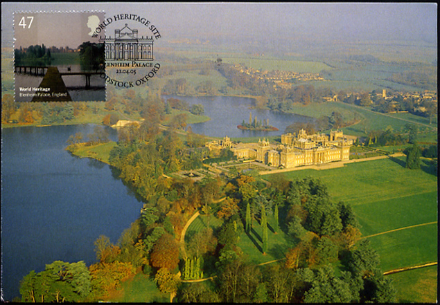 Blenheim Palace World Heritage Site maximum card with Royal Mail 47p stamp cancelled Blenheim Palace 21 April 2005