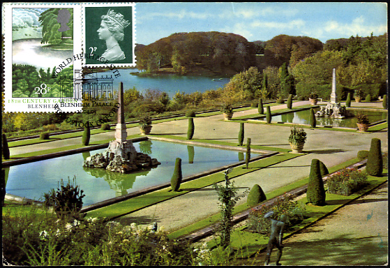 Blenheim Palace World Heritage Site maximum card with 1983 Royal Mail 28p stamp & definitive cancelled Blenheim Palace 21 April 2005