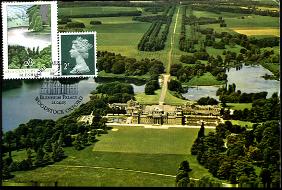 Blenheim Palace World Heritage Site maximum card with Royal Mail 47p stamp cancelled Blenheim Palace 21 April 2005