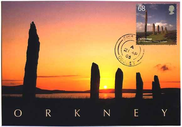 Ring of Brodgar, Orkney - modern maximum card with 68p stamp cancelled Finstown, Orkney 21 AP 05 
