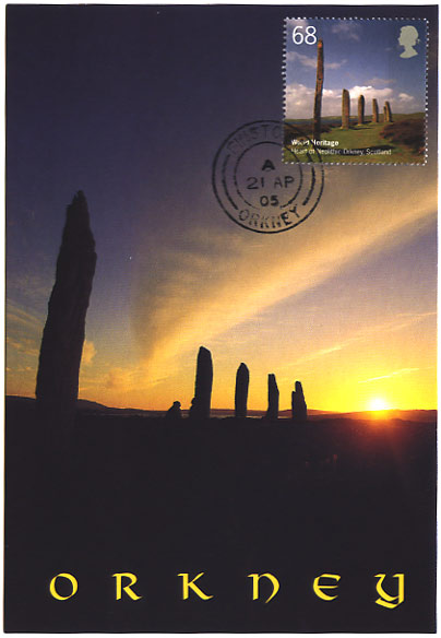 Ring of Brodgar, Orkney - modern maximum card with 68p stamp cancelled Finstown, Orkney 21 AP 05 