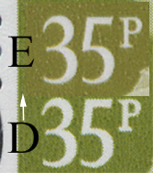 2005 35p Machins showing difference in position and size of value figures between the Enschede and De la Rue printings