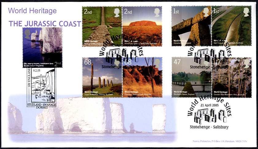 Norvic Jurassic Coast fdc with complete set of Great Britain World Heritage Sites stamps issued 21 April 2005 together with 2nd class Old Harry Rocks, Dorset stamp postmarked Studland 8 February 2005