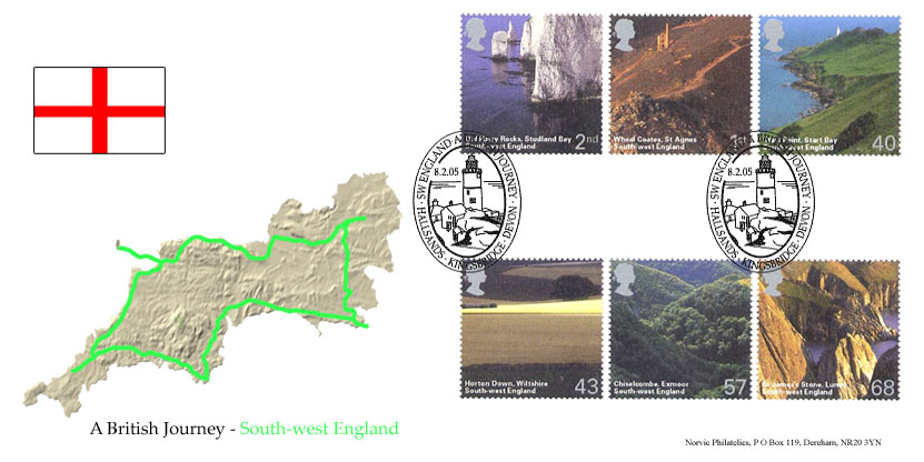 Norvic Philatelics official FDC for South-west England stamps with lighthouse postmark