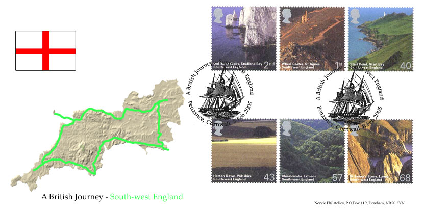 Norvic Philatelics official FDC for South-west England stamps with Sailing ship postmark