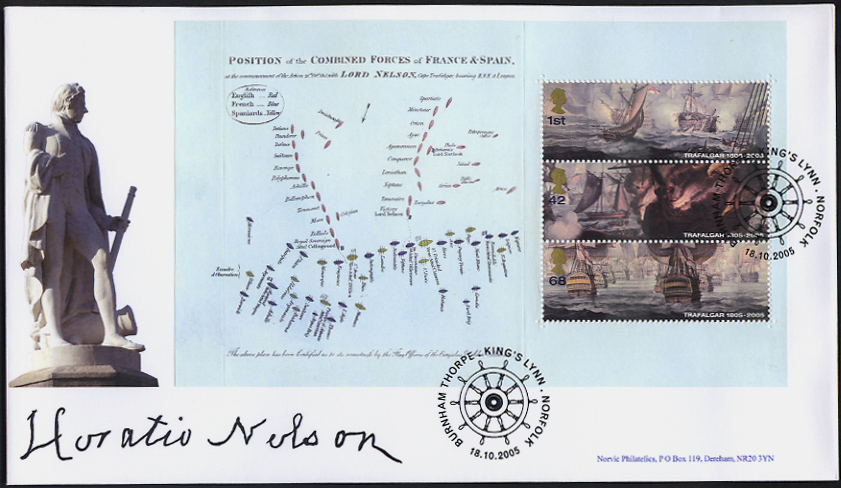 prestige book pane on Norvic fdc showing statue of Nelson in Norwich and his signature