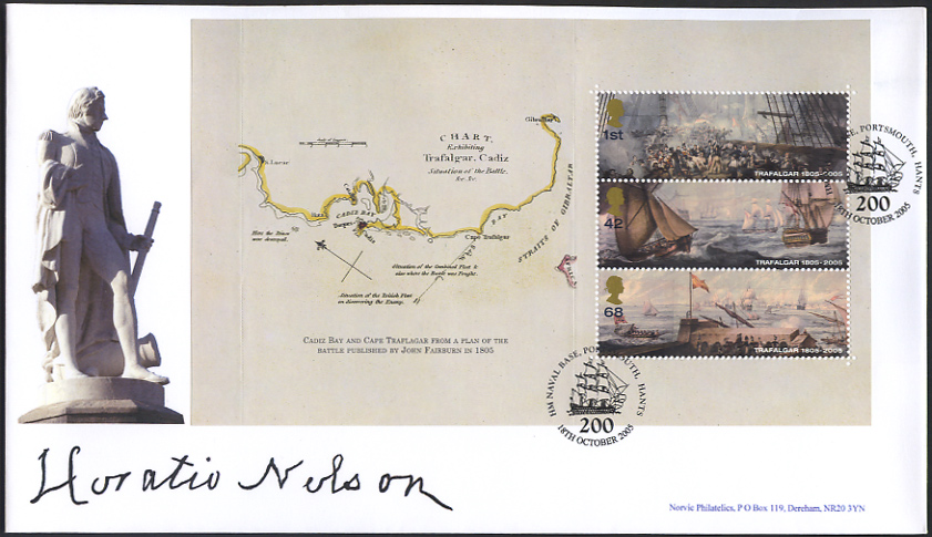 prestige book pane on Norvic fdc showing statue of Nelson in Norwich and his signature