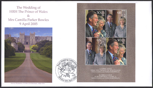 Norvic official first day cover for the Wedding of HRH The Prince of Wales & Mrs Camilla Parker Bowles 8 April 2005, 9 April 2005