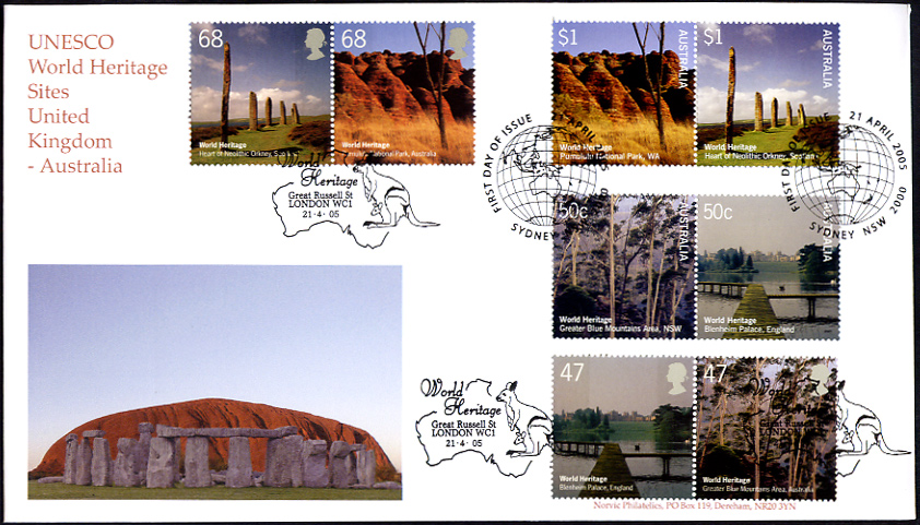 Norvic fdc with 8 Great Britain & 8 Australian Joint-Issue World Heritage Sites stamps issued 21 April 2005