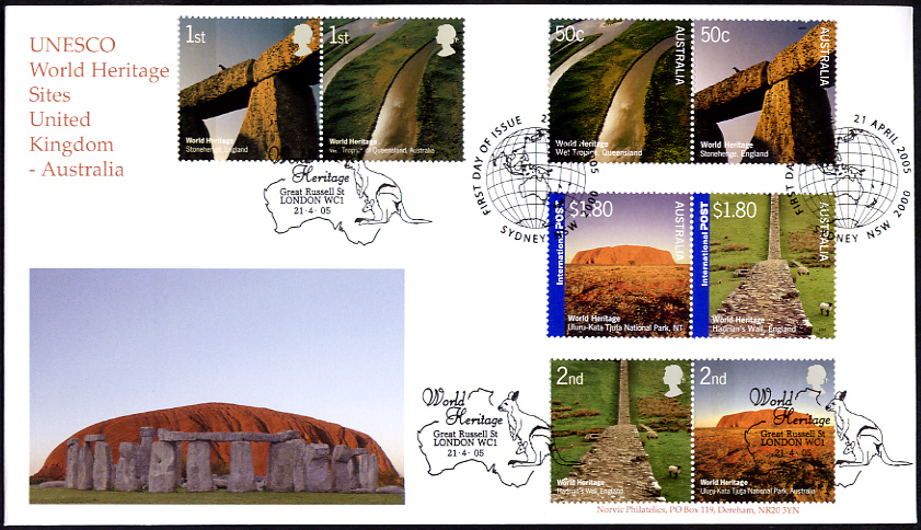 Norvic fdc with 8 Great Britain & 8 Australian Joint-Issue World Heritage Sites stamps issued 21 April 2005