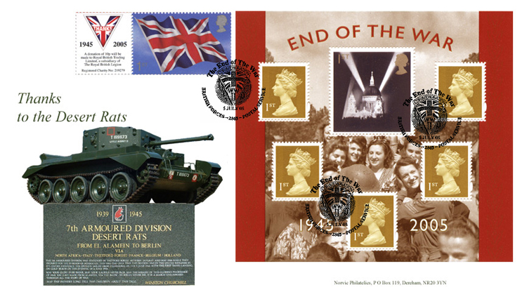 Norvic Philatelics Desert Rats first day cover for World War 2 commemoration miniature sheet