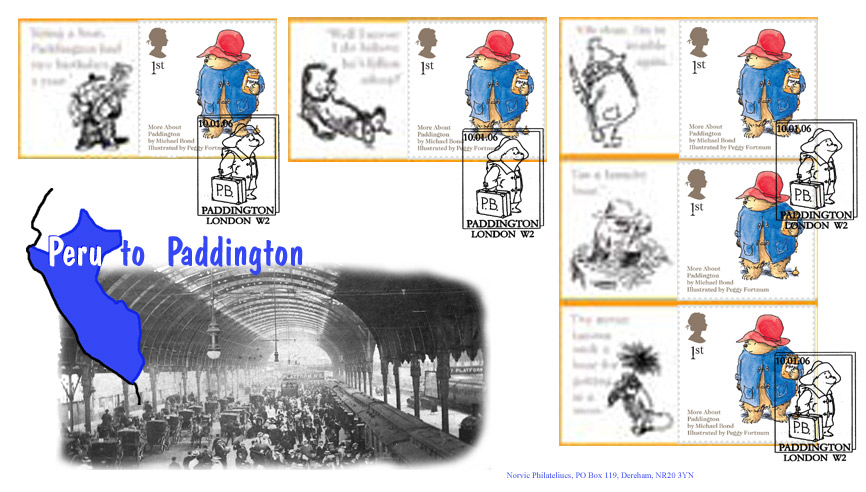 Paddington Bear Smiler 5 stamps stamp on Norvic fdc.