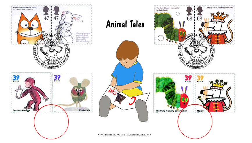 4 GB & 4 US Animal Tales stamps on Norvic fdc boy reading book