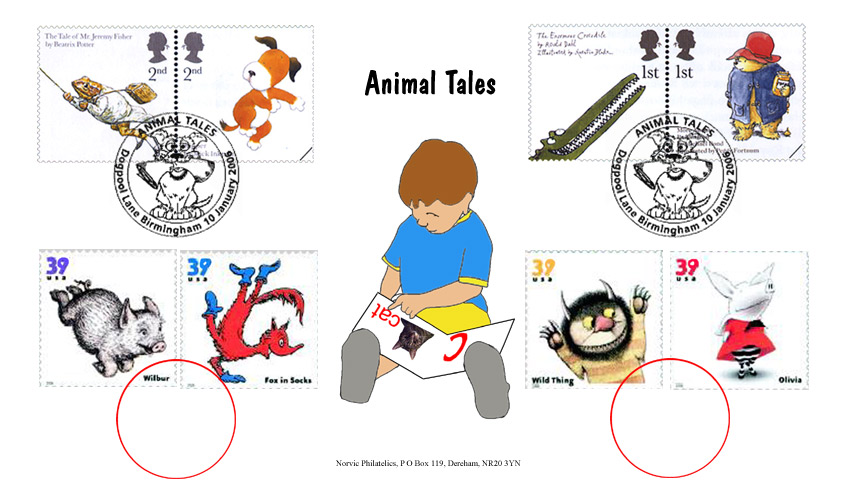 4 GB & 4 US Animal Tales stamps on Norvic fdc boy reading book