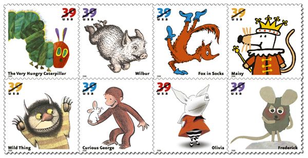 Set of 8 US stamps showing illustrations from Children's literature - copyright USPS