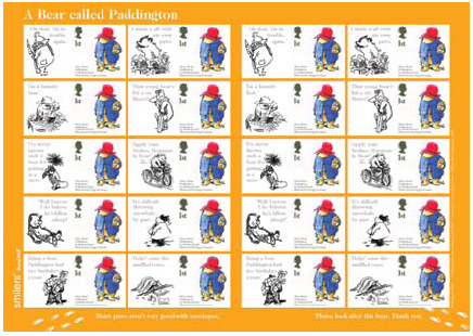 Sheet of 20 Paddington Bear Smilers stamps with labels featuring classic illustrations of Paddington from the original books.
