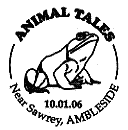 Animal Tales first day postmark depicting a frog.