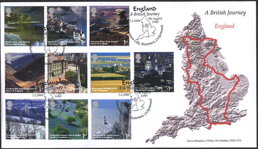 Norvic official first day cover for British Journey set of 10 stamps issued 7 Febrtuary 2006 and map postmark.