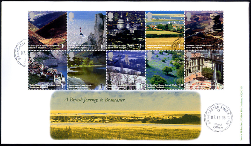 Norvic official first day cover for British Journey set of 10 stamps issued 7 Febrtuary 2006 and map postmark.