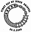 Official Bristol postmark showing symbols associated with Brunel - railway track, chain, iron plate, brick wall.