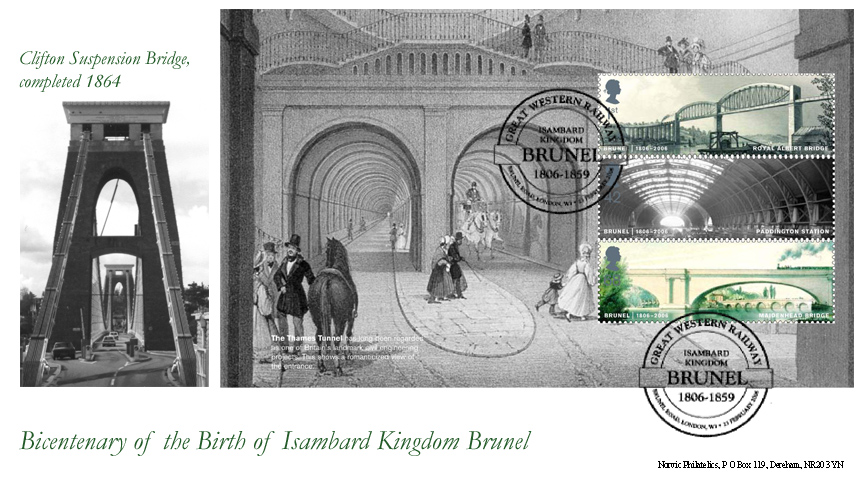 Norvic Philatelics Brunel Bicentenary first day cover showing the Clifton Suspension Bridge Bristol and Pane 1 from the Prestige Stamp book.