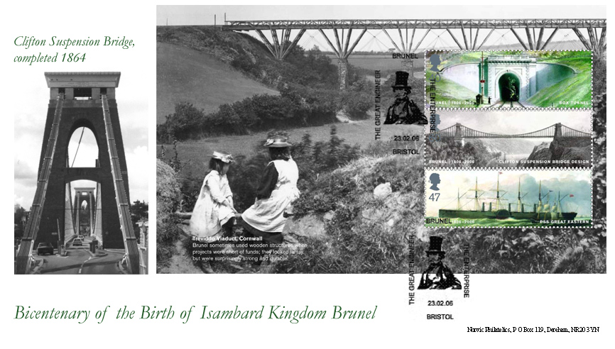 Norvic Philatelics Brunel Bicentenary first day cover showing the Clifton Suspension Bridge Bristol and Pane 2 from the Prestige Stamp book.